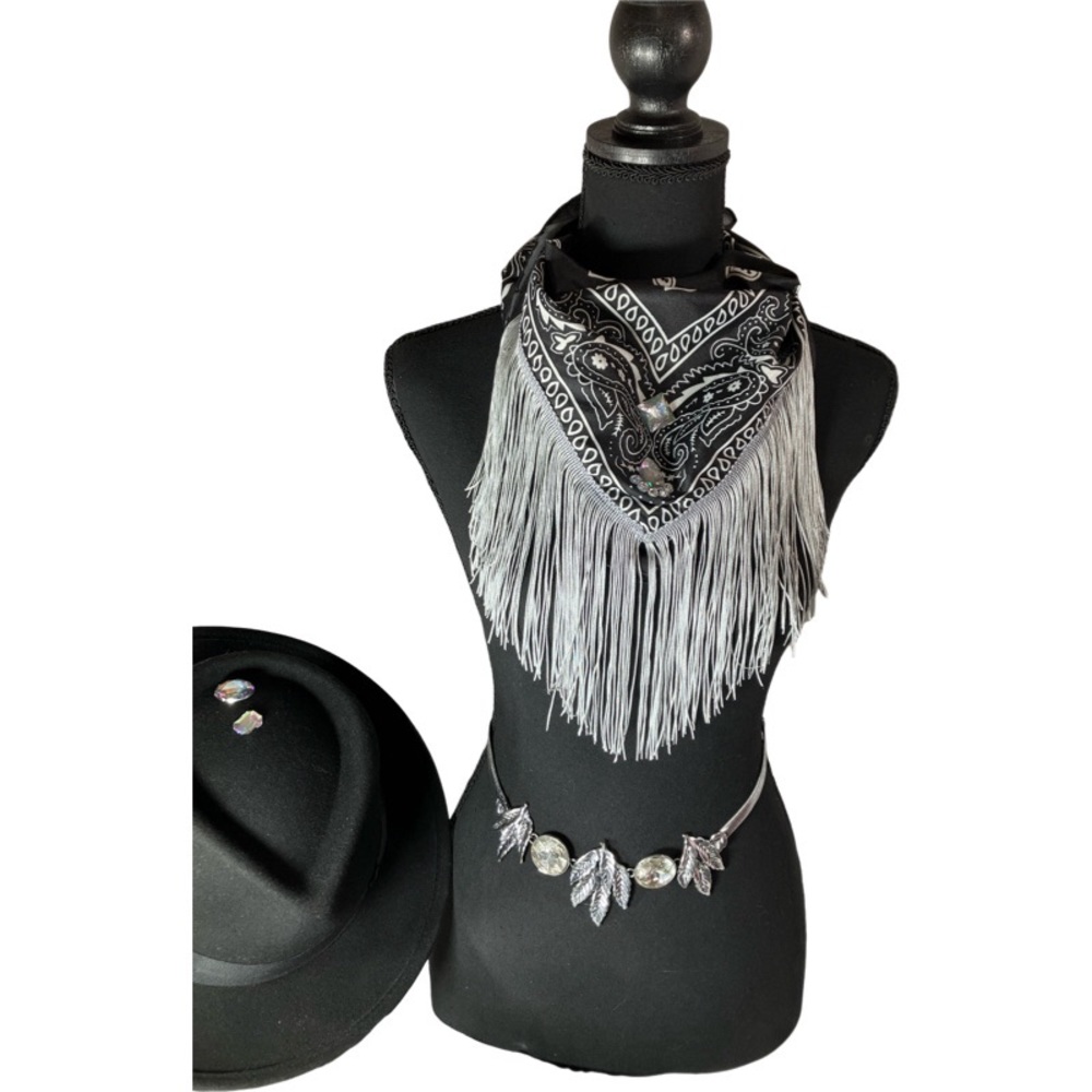 Fringed Blinged out Black Bandana with - Picture 2 of 16